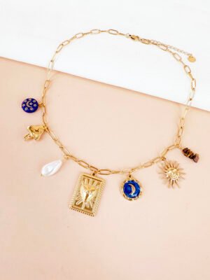 Collier breloques charms résine celeste en acier inoxydable