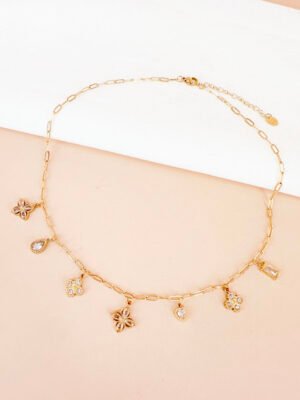 Collier breloques fleurs strass en acier inoxydable