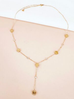 Collier cravate Y avec trèfles et strass en acier inoxydable