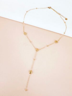 Collier cravate Y avec fleurs roses en acier inoxydable