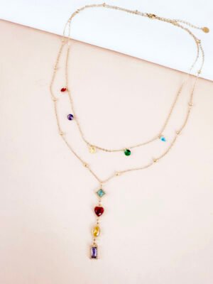 Collier Y avec double chaîne perles et strass colorées en acier inoxydable