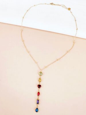 Collier Y cravate avec strass colorés en acier inoxydable