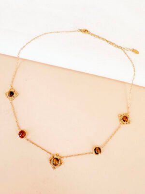 Collier motif fleurs et oeil de tigre en acier inoxydable