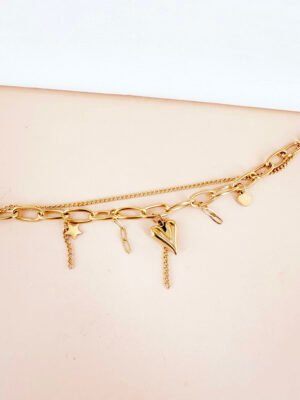 Bracelet multiple chaîne avec breloques coeur étoile en acier inoxydable