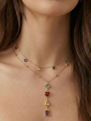 Collier Y avec double chaîne perles et strass colorées en acier inoxydable