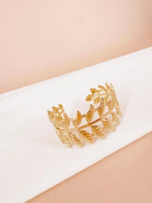 Bracelet manchette motif feuilles en acier inoxydable