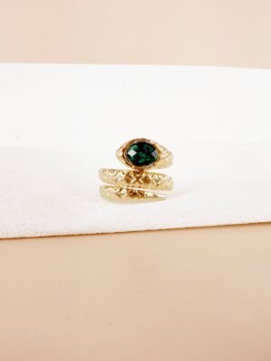 Bague Ajustable « Serpent Royal » – Acier Inoxydable & Cristal Vert