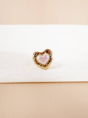 Bague Ajustable « Cœur Nacré » – Acier Inoxydable & Cabochon Irisé