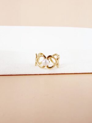 Bague Ajustable « Entrelacs de Cœurs » – Acier Inoxydable & Perle