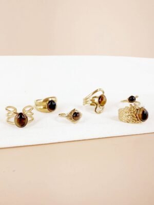 Lot de 6 Bagues Ajustables « Œil de Tigre & Or » – Acier Inoxydable