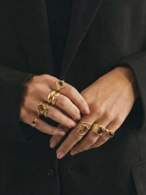 Lot de 6 Bagues Ajustables « Œil de Tigre & Or » – Acier Inoxydable