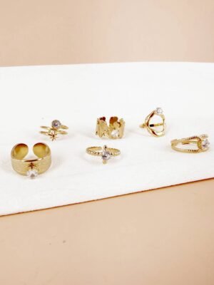 Lot de 6 Bagues Ajustables « Éclat de Cristal » – Acier Inoxydable Doré