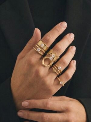 Lot de 6 Bagues Ajustables « Éclat de Cristal » – Acier Inoxydable Doré