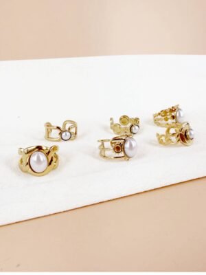 Lot de 6 Bagues Ajustables « Perles Classiques & Or » – Acier Inoxydable