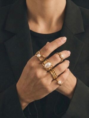 Lot de 6 Bagues Ajustables « Perles Classiques & Or » – Acier Inoxydable