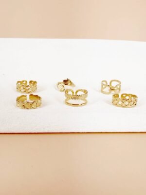 Lot de 6 Bagues Ajustables « Tissages & Liens » – Acier Inoxydable Doré