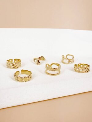 Lot de 6 Bagues Ajustables « Tissages & Liens » – Acier Inoxydable Doré