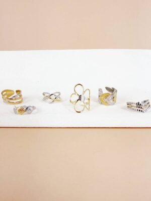 Lot de 6 Bagues Ajustables « Éclat Bicolore & Botanique » – Acier Inoxydable