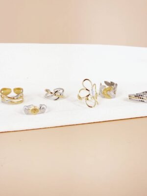 Lot de 6 Bagues Ajustables « Éclat Bicolore & Botanique » – Acier Inoxydable