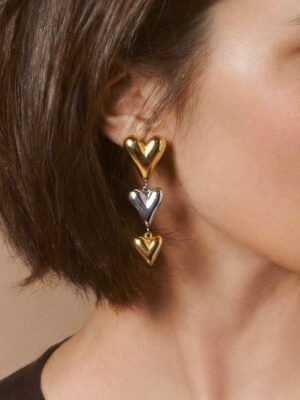 Boucles d’oreilles Cascade de Coeurs Bombés Bicolores en acier inoxydable