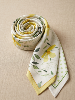 Foulard bandeau satiné ivoire motif floral jaune