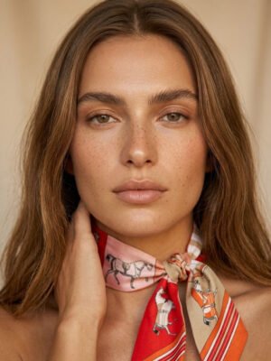 Foulard bandeau satiné orange motif floral et rayures