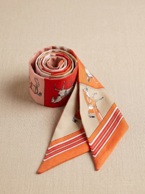 Foulard bandeau satiné orange motif floral et rayures