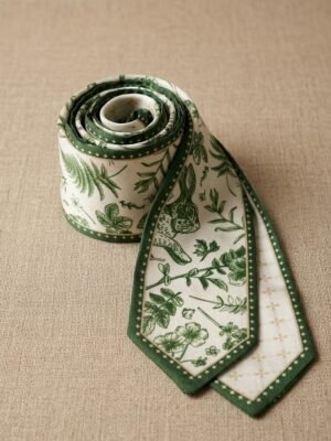 Foulard bandeau satiné vert motif feuillage