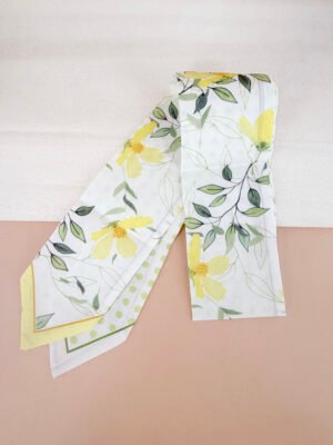 Foulard bandeau satiné ivoire motif floral jaune