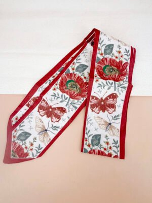 Foulard bandeau satiné bordeaux motif floral