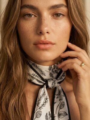 Foulard bandeau satiné noir motif feuillage