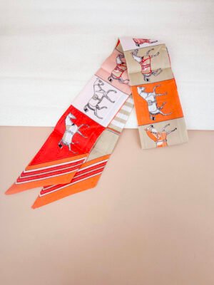 Foulard bandeau satiné orange motif floral et rayures