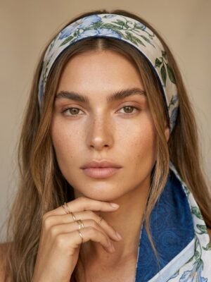 Foulard bandeau satiné bleu motif floral