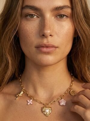 Collier Ambre – Doré charms coeur rose et perles