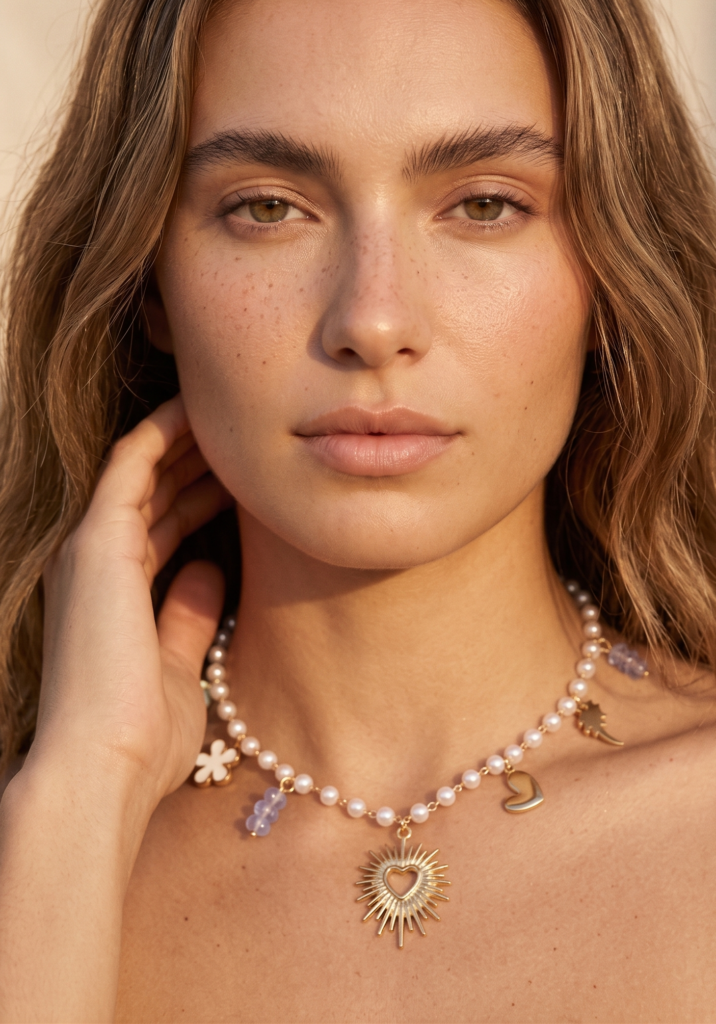 Collier Helene - Perles blanches pendentif soleil doré
