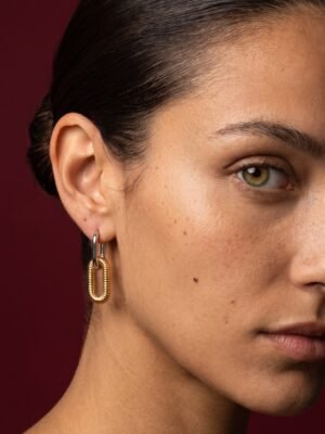 Boucles d’oreilles pendantes Éloïse – Motif maillons bicolores, bas doré