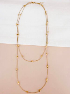 Collier long double rang Léonie – Chaînes fines et perles dorées