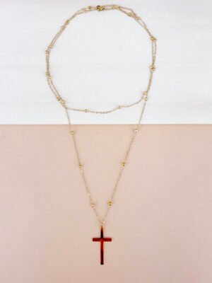 Collier double rang Noémie – Pendentif croix dorée